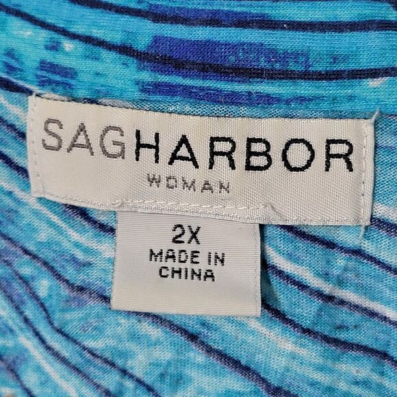 Sag Harbor Womens Sz 2X Blue Striped Short Sleeve Blouse - Picture 6 of 11